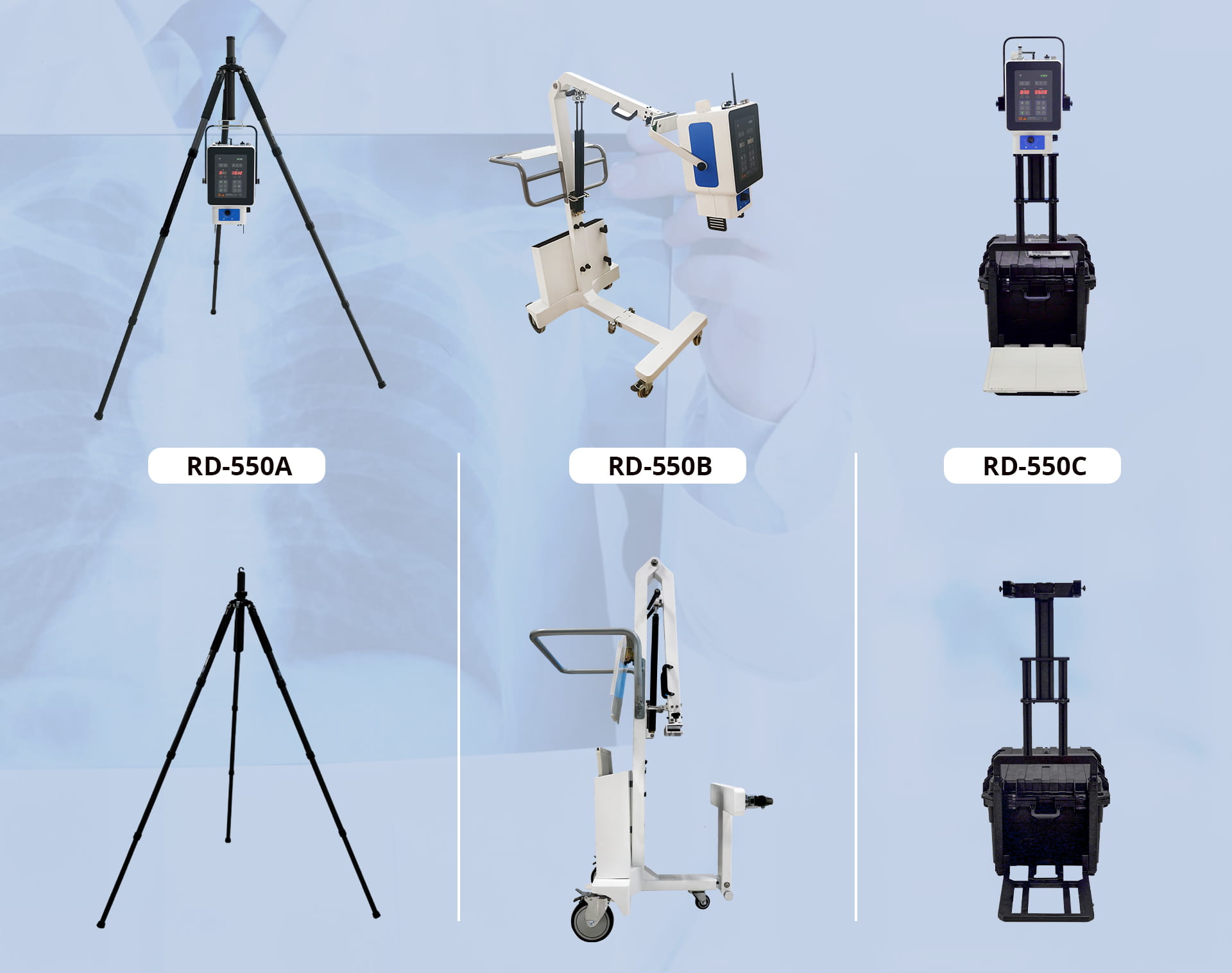three models of mobile digital radiography systems of DAWEI Medical